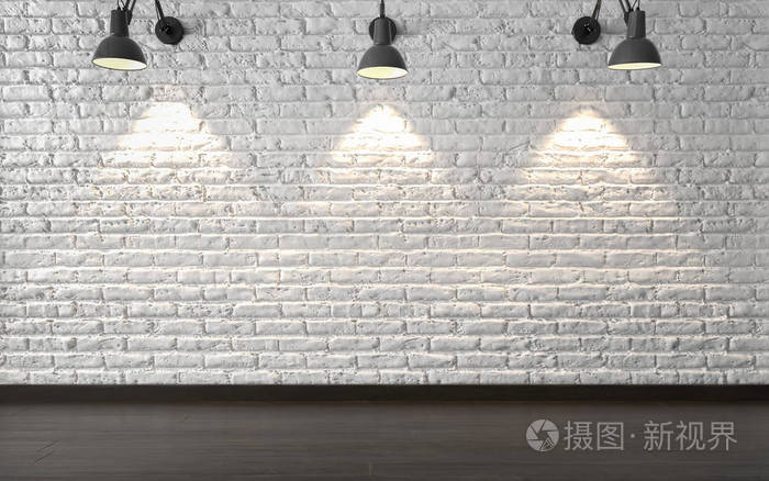 空房采用白色砖墙，木地板配三盏金属灯具..三维插图