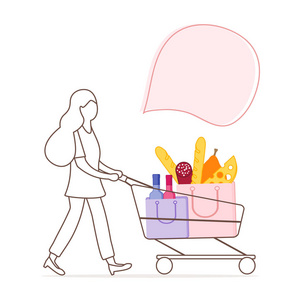 矢量插图，妇女携带购物车与食品和饮料从超市。购物概念。公告广告横幅或印刷品的设计。
