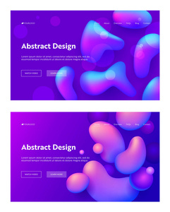 紫色抽象逼真的掉落形状登陆页背景集。未来派数字三维渐变模式。创意霓虹灯液体墨水背景下的网站网页。平面动画片向量例证