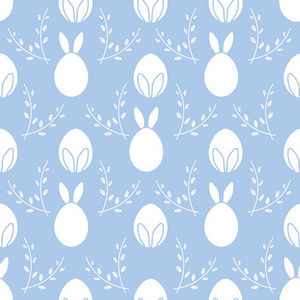 无缝图案与复活节兔子耳朵，鸡蛋，柳枝。复活节快乐。节日背景。横幅海报或印刷品的设计。