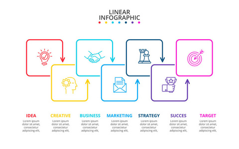 细线平面正方形, 用于信息图, 包含7个选项部件步骤或流程。图表图表演示文稿和图表的模板。行图标