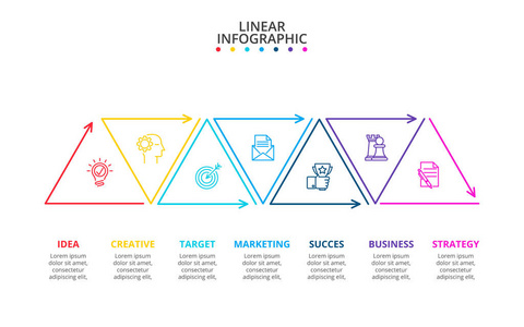 细线平面三角形, 用于信息图, 包含7个选项部件步骤或流程。图表图表演示文稿和图表的模板。行图标