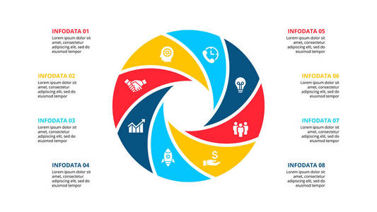 带有8个选项零件或步骤的信息图的圆形元素。循环图图表和圆形图表的模板