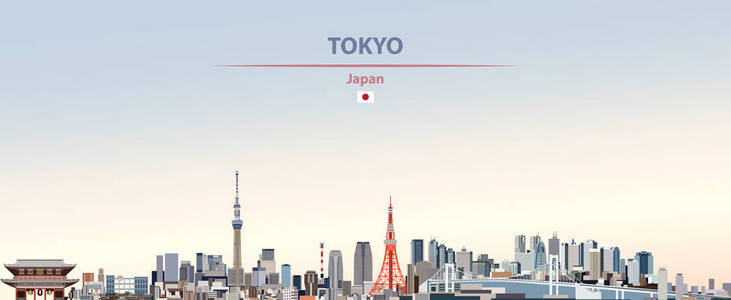 东京城市天际线彩色渐变美丽的日天背景与日本国旗的矢量抽象图解