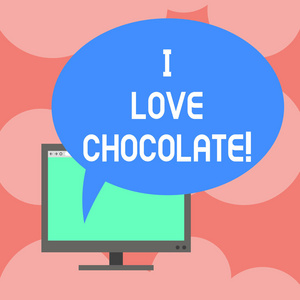 写的字条显示我喜欢巧克力。商业照片展示了由烤和地面可可豆种子制成的令人钦佩的食物登上计算机监视器空白屏幕与椭圆形的彩色语音泡泡