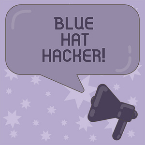 显示蓝帽黑客的书写记录。商业照片展示人咨询公司谁的 bug 系统在它的推出之前扩音器和矩形颜色讲话泡泡与反射