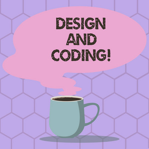 显示设计和编码的概念手写。商务照片文本工具, 可用于设计和规划过程中的热咖啡杯与空白颜色语音泡泡蒸汽图标