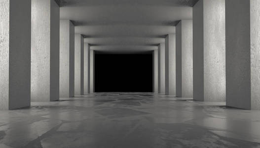 一个空的黑暗房间的背景，一个有柱子聚光灯的走廊。 混凝土地板。 霓虹灯