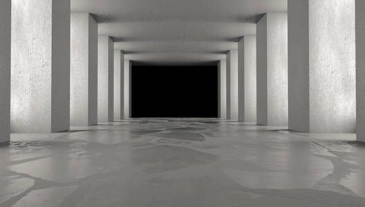 一个空的黑暗房间的背景，一个有柱子聚光灯的走廊。 混凝土地板。 霓虹灯