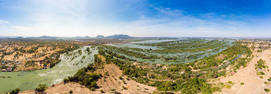 空中全景4000个岛屿湄公河在老挝，里，菲瀑布，著名的旅游目的地，东南亚背包客