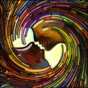彩色玻璃图案的人脸和彩色漩涡波的想象力，创造力，灵性和艺术
