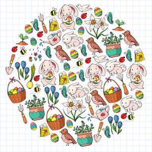 复活节向量例证。图案的弹簧设计。贺卡的假日装饰。兔子, 兔子字符, 蛋, 花, 季节性元素