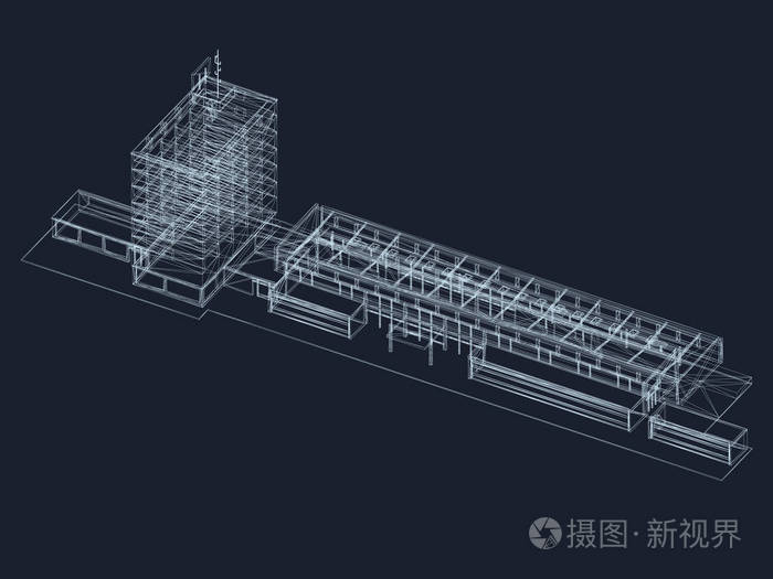 深蓝色背景下工业建筑的线框. 三维矢量插图.