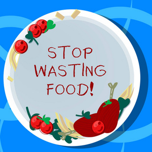概念手写显示停止浪费食物。商业照片展示组织工作减少食品浪费在社会上手画羔羊排骨草本香料樱桃番茄在盘子