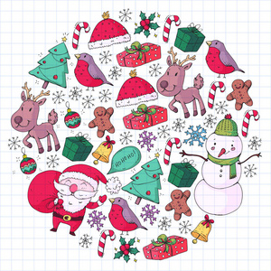 圣诞冬季派对新年快乐。牛雀, 圣诞老人, 雪人, 鹿。礼物和糖果
