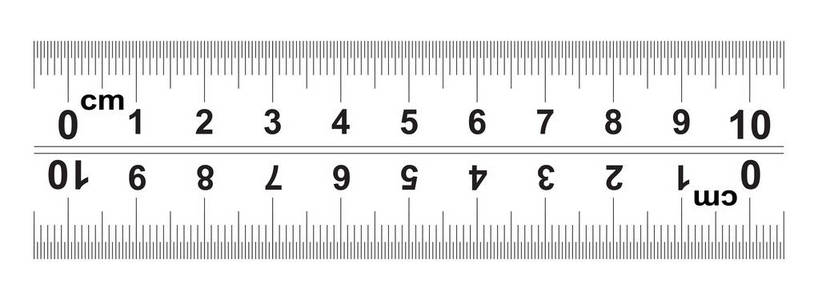 尺子10厘米。 尺子100毫米。 标尺上标记的方向从左到右，从右到左。 除法值0.5毫米。 精确长度测量装置。 校准网格。
