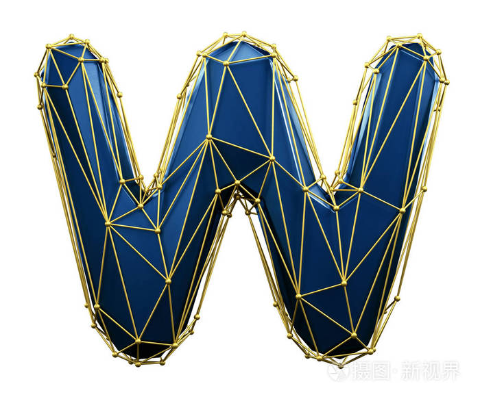 首都拉丁字母 w 在低聚样式蓝色和金色查出在白色背景.三维