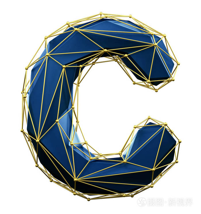首都拉丁字母 c 在低聚风格蓝色和金色隔离在白色背景.三维
