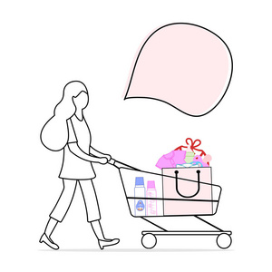 矢量插图与妇女携带购物车与购买的商品从商店。 出去购物的女孩。 大销售和购物理念。