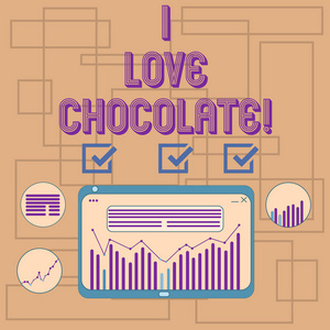 显示我爱巧克力的文字符号。概念照片欣赏食品由烤和地面可可种子数字组合柱线数据图形图平板屏幕上