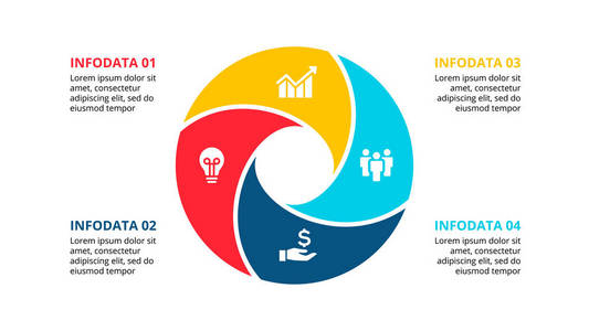 用于信息图的圆形元素, 包括4个选项部件或步骤。循环图图表和圆形图表的模板