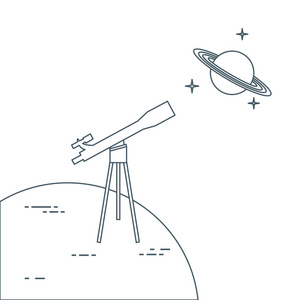 带有环形系统的望远镜行星土星矢量插图。 天文学。 横幅海报纺织品印刷设计。