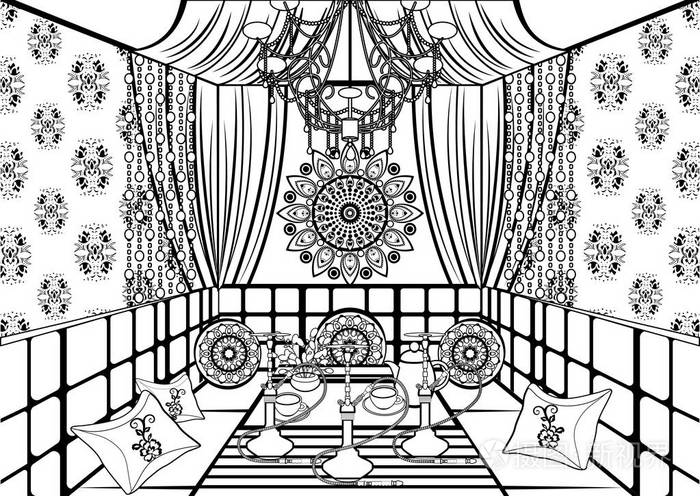 胡克房华丽装饰东方风格黑白画矢量轮廓线插图着色素描单色图片.