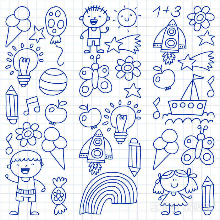 儿童花园patern手绘笔儿童花园元素图案涂鸦插图矢量插图单色