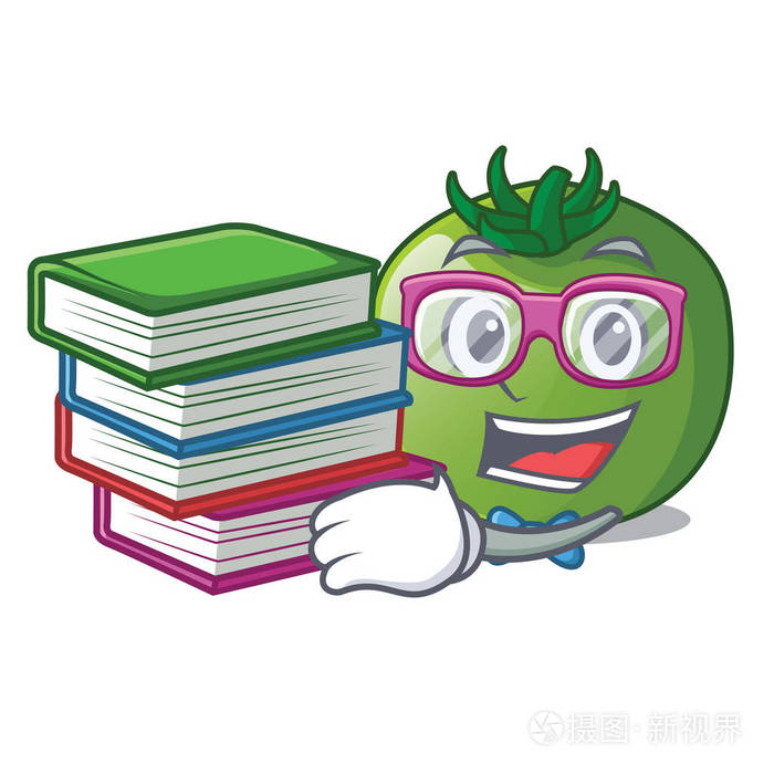 学生与书绿色番茄形状的吉祥物矢量化。