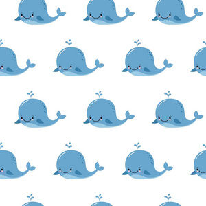 可爱的背景与卡通蓝鲸。川井动物图案