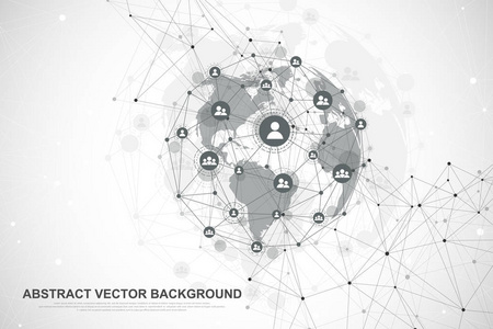全球网络连接概念。大数据可视化。全球计算机网络中的社交网络通信。互联网技术。业务。科学。向量例证