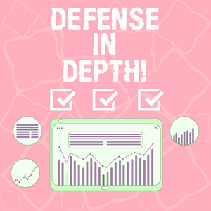 写文字深度防御。在平板电脑屏幕上排列防线或防御工事的业务概念为他人辩护柱线数据图形图的数字组合
