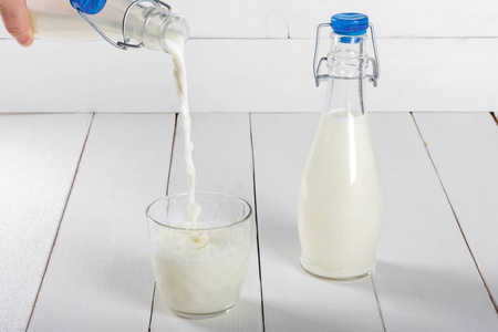 旧的复古风格的瓶子，新鲜牛奶放在普通的白色木桌上
