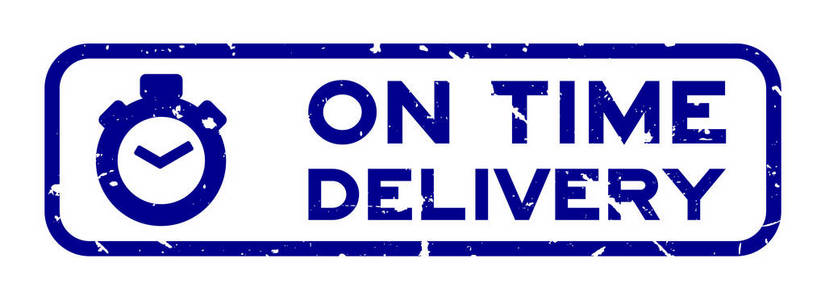 格朗格蓝准时交货字与秒表图标方形橡胶印章白色背景照片