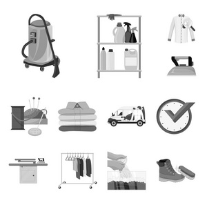 洗衣和清洁图标的矢量设计。收藏衣物和衣物矢量图标股票