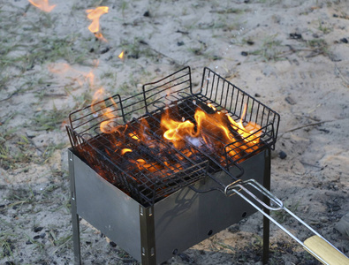 烧烤架。在胸罩上用热煤躺着烤架。黑炭灌木和松果正在燃烧和燃烧