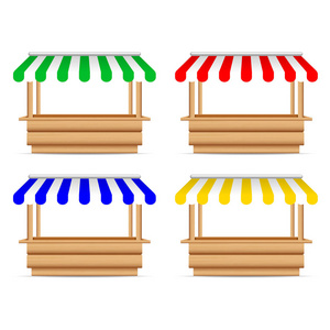 木制市场摊位与不同的遮阳伞。模拟木制柜台, 有街头交易的天篷, 木制柜台, 小摊, 展台。向量例证。设置