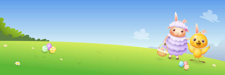 复活节鸡和羊肉狩猎鸡蛋春季景观背景横幅矢量插图