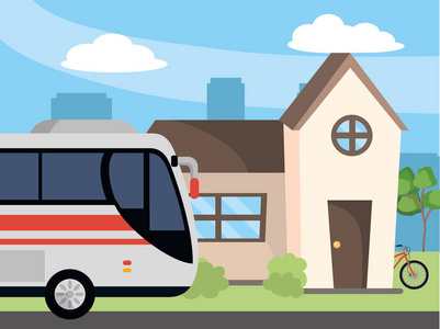 Fronn住宅和自行车的交通概念巴士，卡通矢量插图，平面设计
