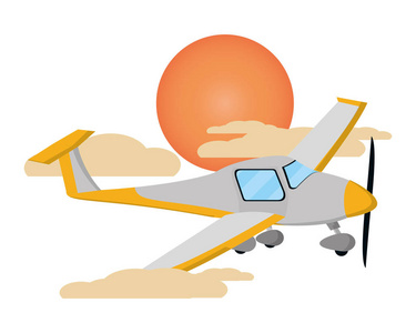 交通概念小飞机在云层和太阳之间飞行日落场景卡通矢量插图平面设计