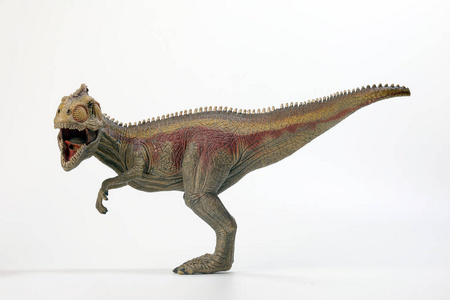 白色背景下的暴龙恐龙玩具雕像