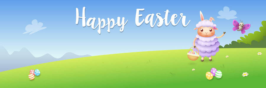 快乐复活节横幅羔羊和蝴蝶狩猎鸡蛋春季景观背景矢量插图