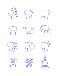 牙科疾病和治疗细线矢量图标。 龋齿染色牙齿牙龈炎的符号。 切克标记牙齿美白填充专业卫生理念。