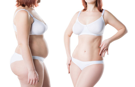 s body before and after weight loss isolated on white background