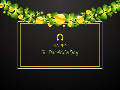 s Day background with green clover and golden coins.Greeting car