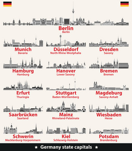 德国各州首府黑白矢量详细天际线。