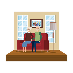 爷爷奶奶坐在沙发上，用冬天的衣服矢量插图