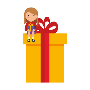 小女孩坐在礼物与冬季服装矢量插图设计