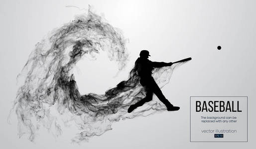 一个棒球运动员的抽象剪影击球打在白色背景从微粒, 尘土, 烟。棒球运动员击球手击球。背景可以更改为任何其他。向量例证