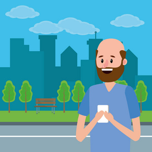 城市公园卡通矢量插图平面设计中使用智能手机的年轻上半身男子